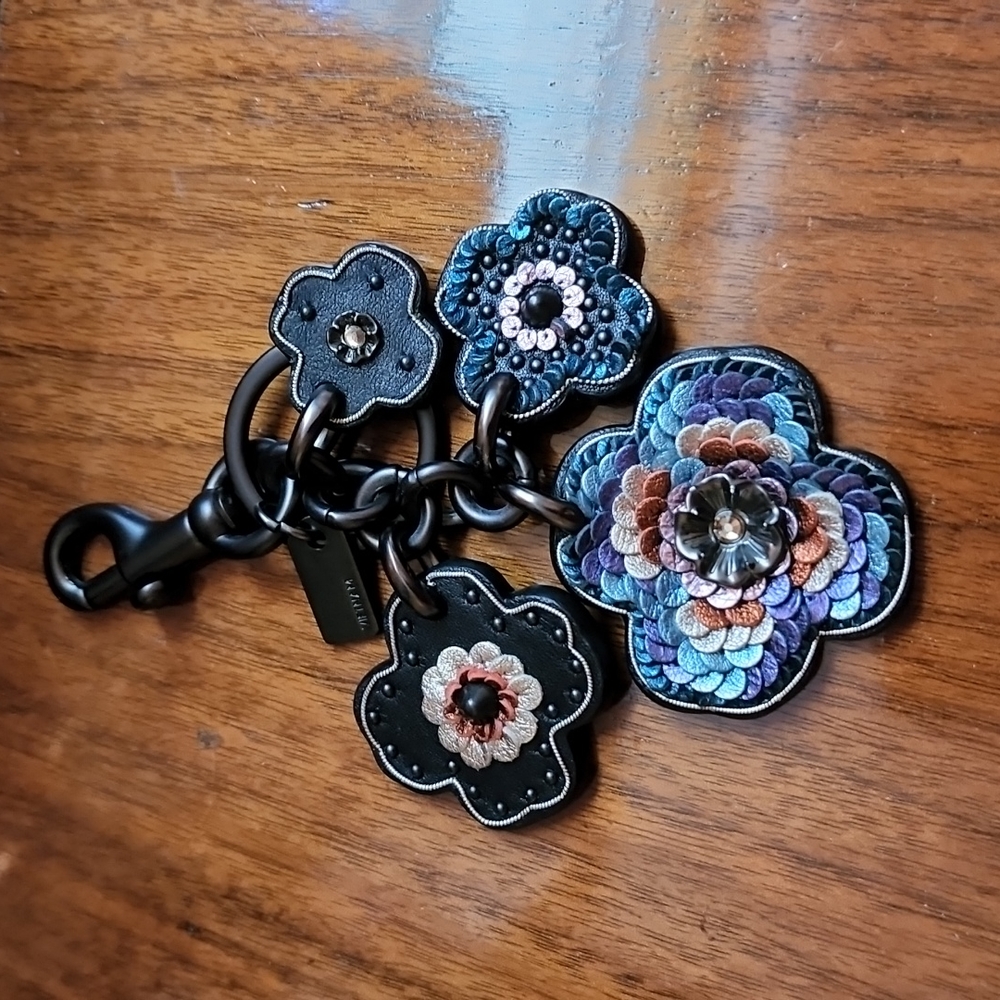 Coach Leather Sequin Applique Tea Rose Multi Bag Charm